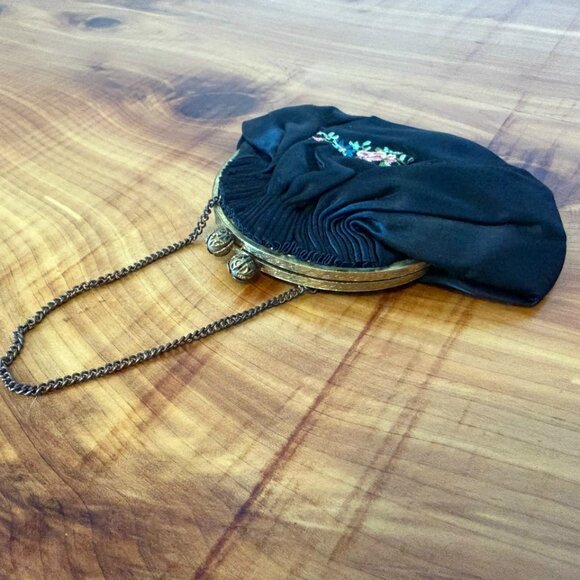 Carty Paris Vintage Floral Embroidered Black Satin Mini Purse - Picture 3 of 10